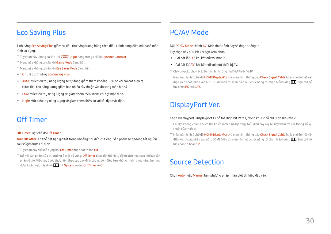Samsung LC32H711QEEXXV, LC27H711QEEXXV manual Eco Saving Plus, Off Timer, PC/AV Mode, DisplayPort Ver, Source Detection 
