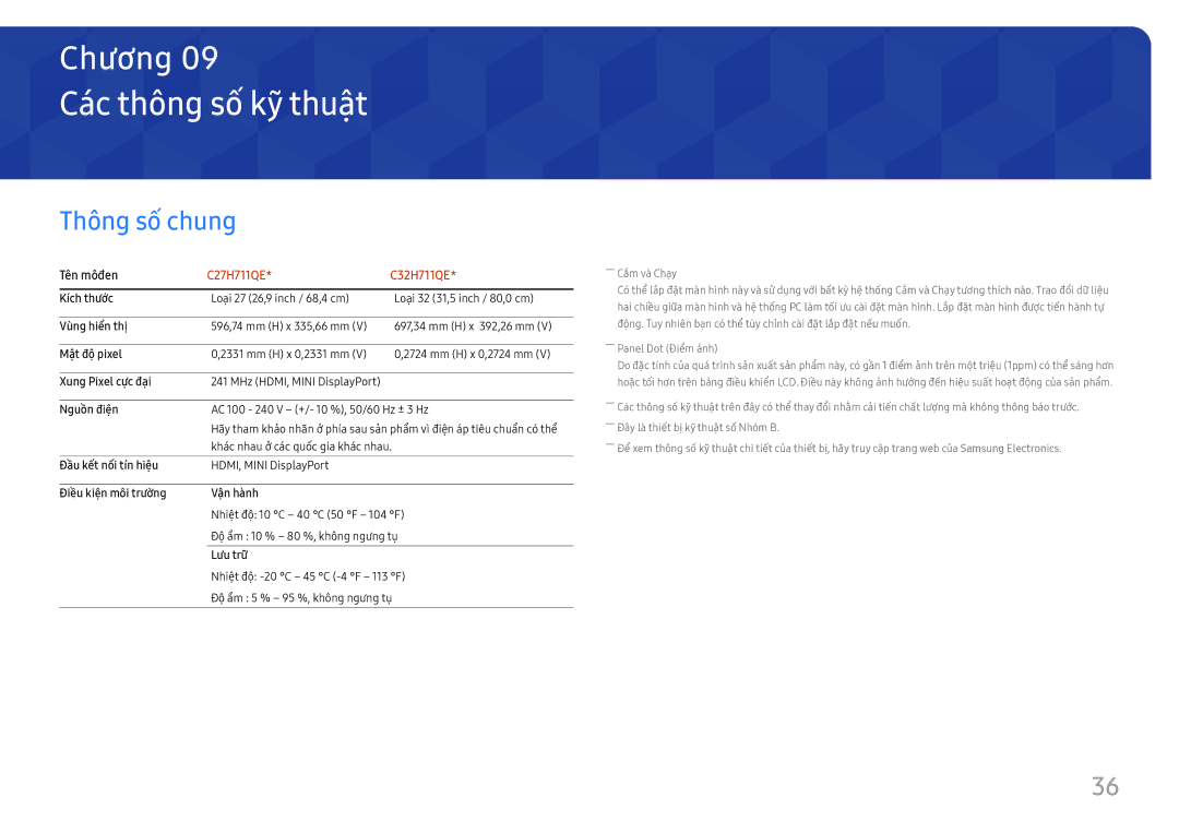 Samsung LC32H711QEEXXV, LC27H711QEEXXV manual Cac thông số́ kỹ thuậ̣t, Thông số chung 