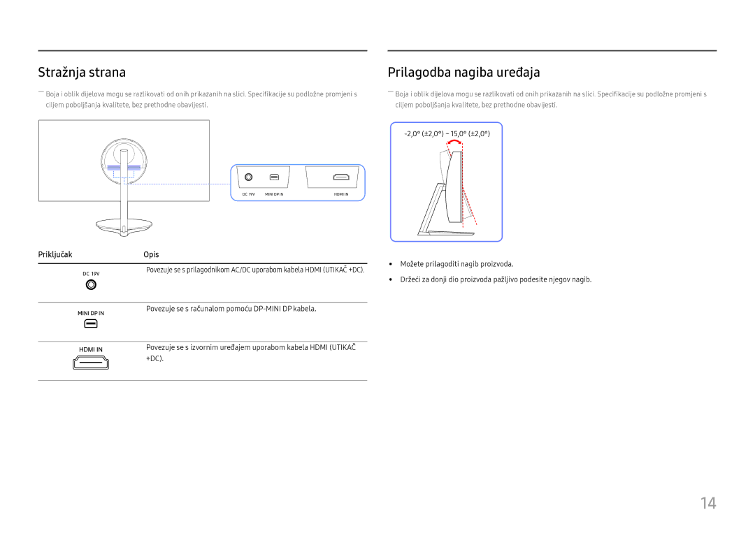 Samsung LC32H711QEUXEN manual Stražnja strana, Prilagodba nagiba uređaja, PriključakOpis 