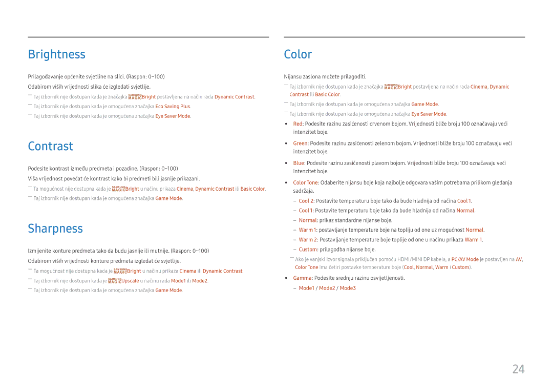 Samsung LC32H711QEUXEN manual Brightness, Contrast, Sharpness, Color 