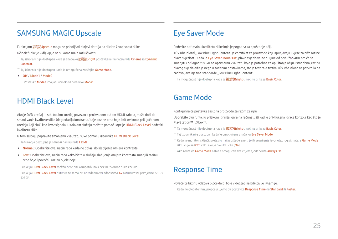 Samsung LC32H711QEUXEN manual Samsung Magic Upscale, Eye Saver Mode, Hdmi Black Level, Game Mode, Response Time 