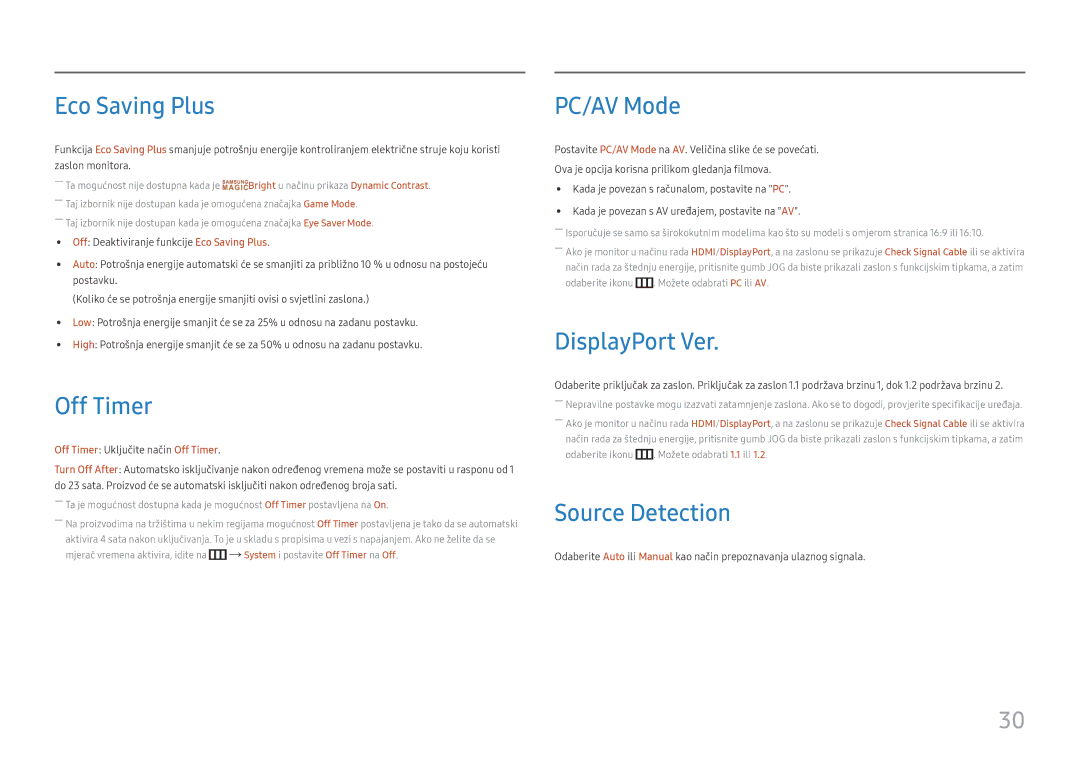 Samsung LC32H711QEUXEN manual Eco Saving Plus, Off Timer, PC/AV Mode, DisplayPort Ver, Source Detection 