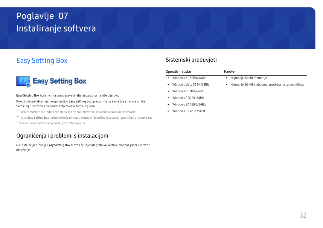 Samsung LC32H711QEUXEN manual Instaliranje softvera, Easy Setting Box, Ograničenja i problemi s instalacijom 