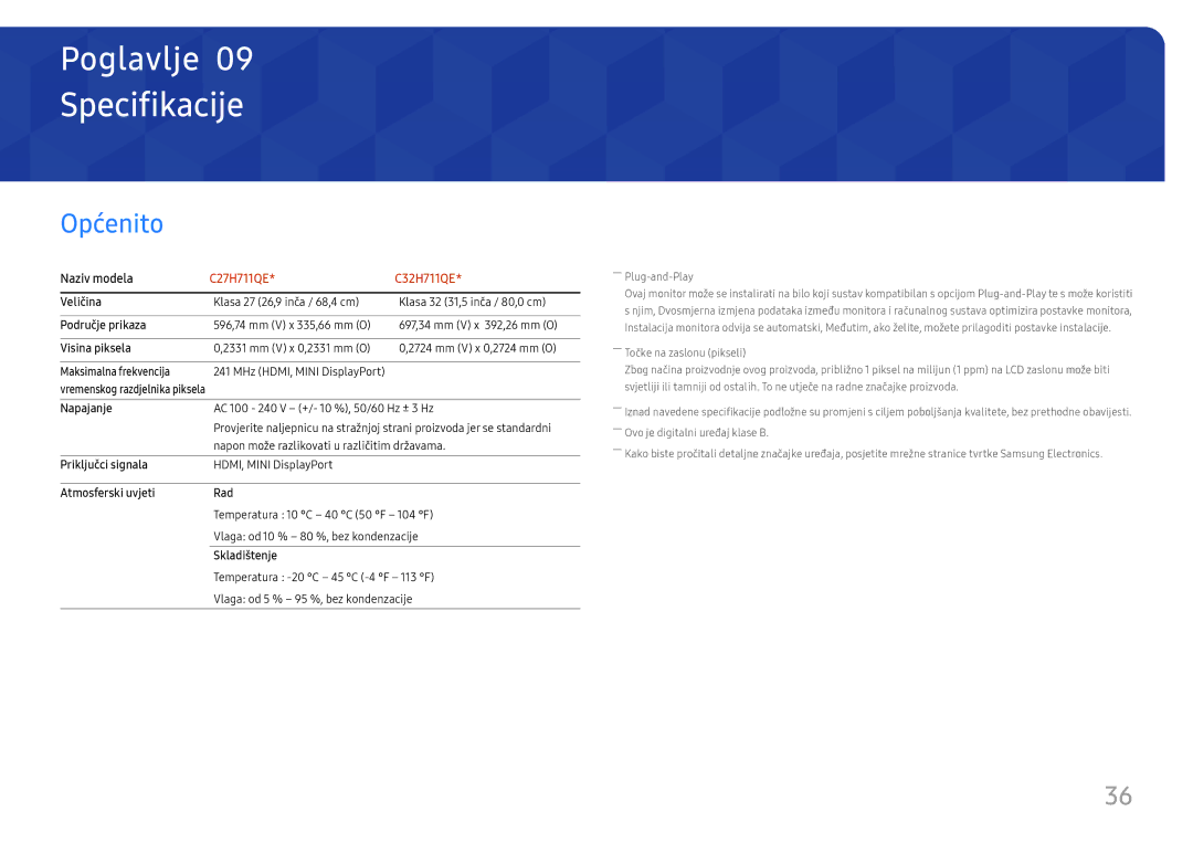 Samsung LC32H711QEUXEN manual Specifikacije, Općenito, Naziv modela 