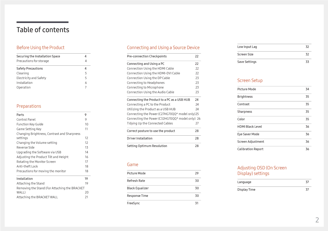 Samsung LC32HG70QQEXXV, LC32HG70QQUXEN, LC27HG70QQUXEN, LC27HG70QQEXXV, LC27HG70QQIXCI, LC32HG70QQIXCI manual Table of contents 