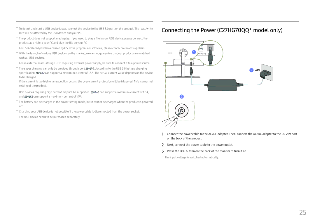 Samsung LC27HG70QQUXEN, LC32HG70QQUXEN, LC32HG70QQEXXV, LC27HG70QQEXXV manual Connecting the Power C27HG70QQ* model only 
