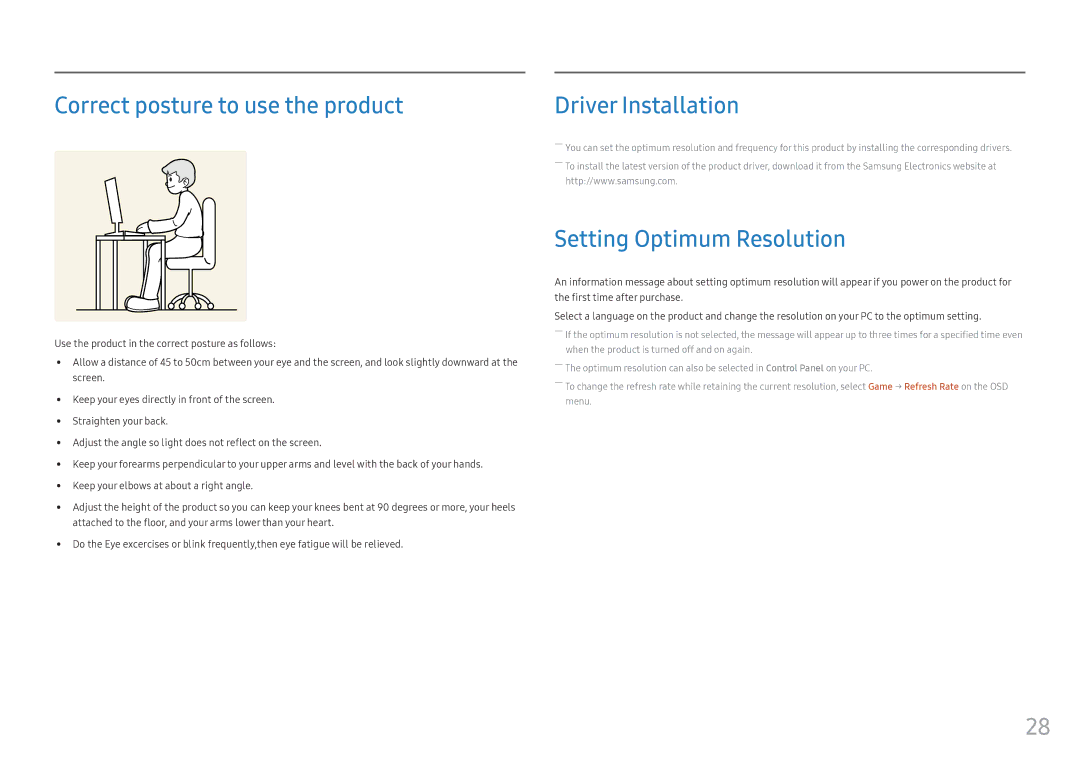 Samsung LC27HG70QQIXCI, LC32HG70QQUXEN Correct posture to use the product, Driver Installation, Setting Optimum Resolution 