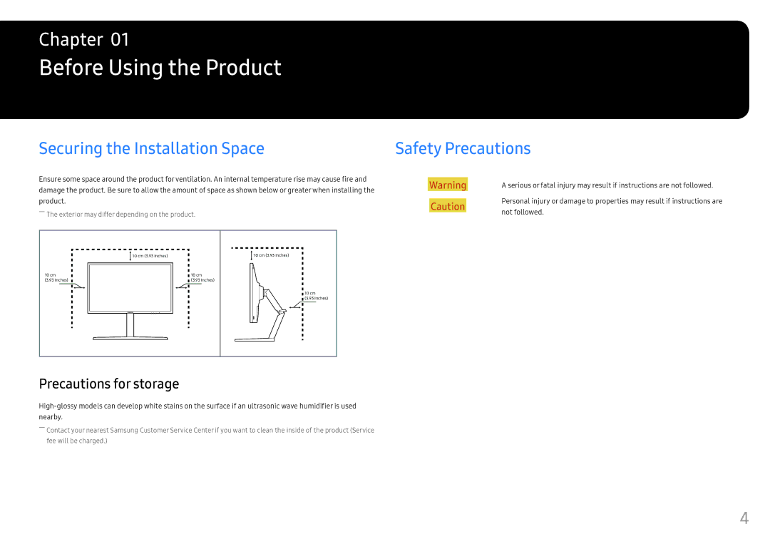 Samsung LC27HG70QQIXCI manual Before Using the Product, Securing the Installation Space, Safety Precautions, Not followed 