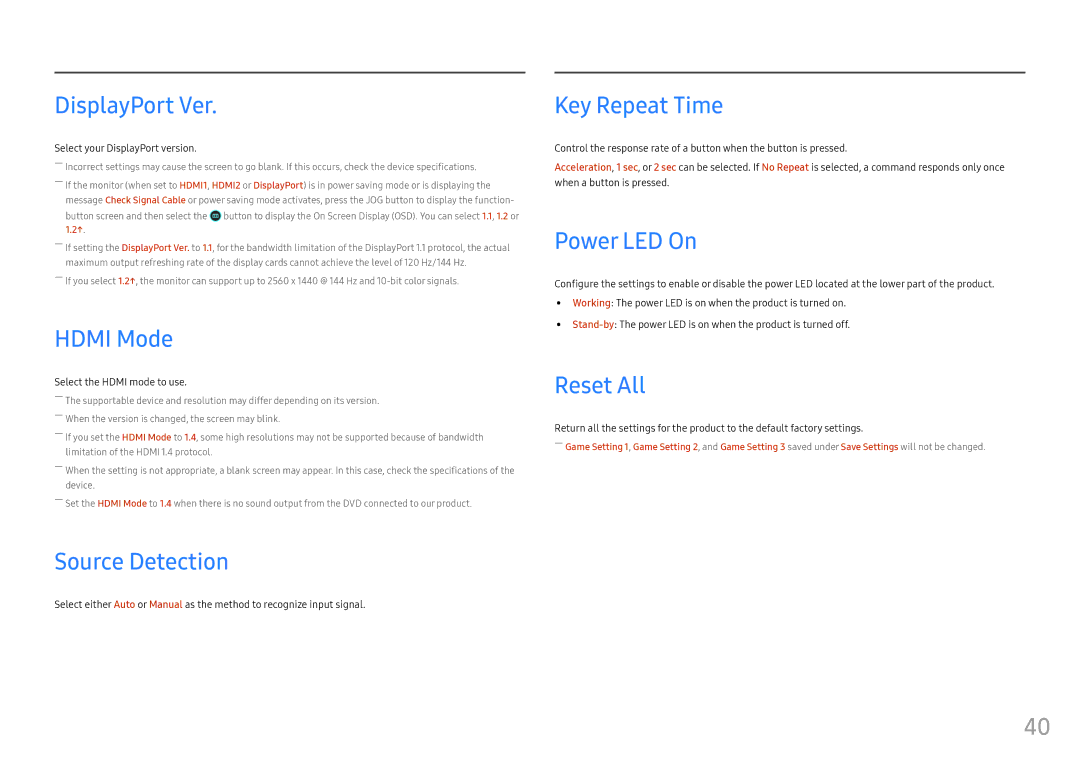 Samsung LC32HG70QQUXEN manual DisplayPort Ver, Hdmi Mode, Source Detection, Key Repeat Time, Power LED On, Reset All 