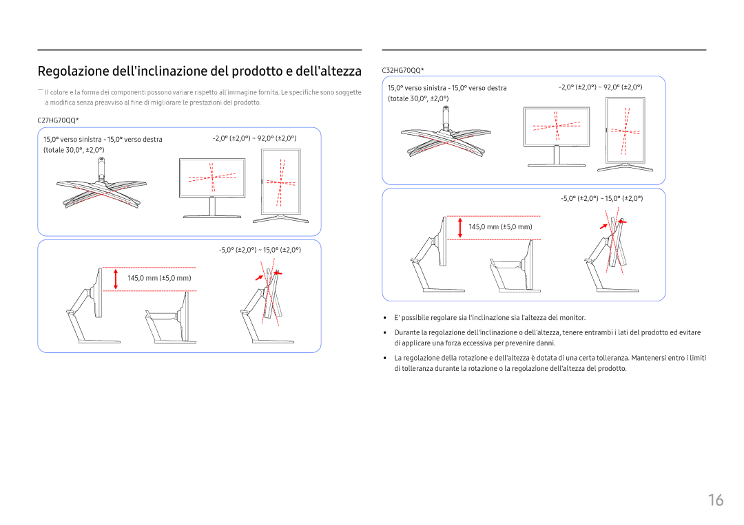 Samsung LC32HG70QQUXEN, LC27HG70QQUXEN manual Regolazione dellinclinazione del prodotto e dellaltezza 