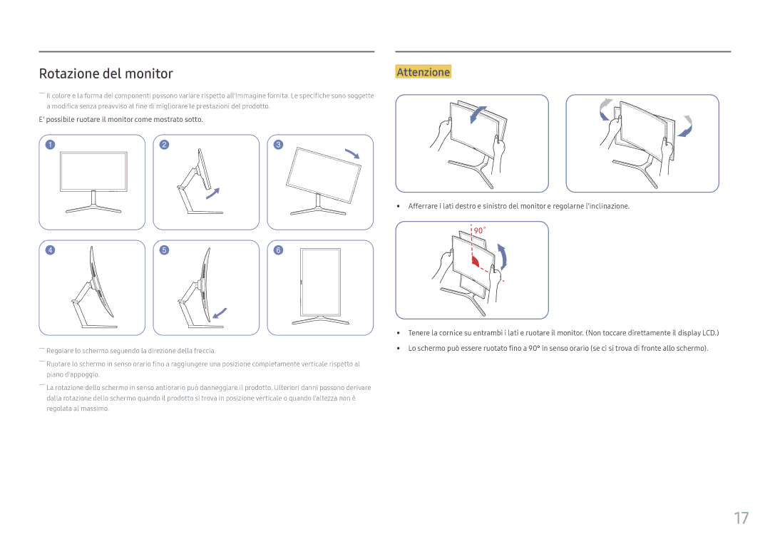 Samsung LC27HG70QQUXEN, LC32HG70QQUXEN manual Rotazione del monitor, Attenzione 