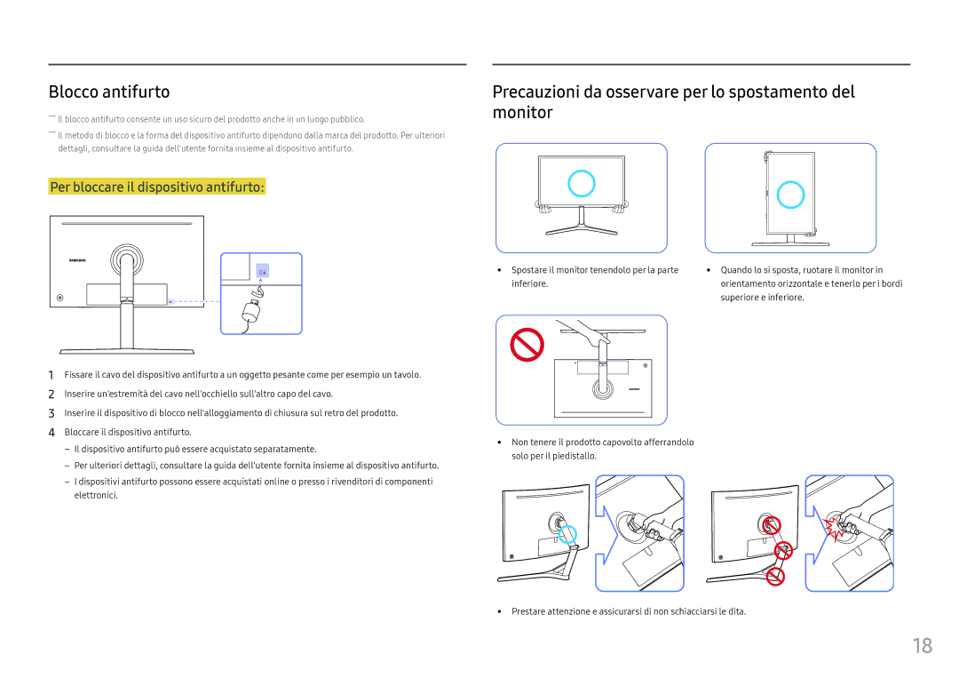 Samsung LC32HG70QQUXEN Blocco antifurto, Precauzioni da osservare per lo spostamento del monitor, Superiore e inferiore 