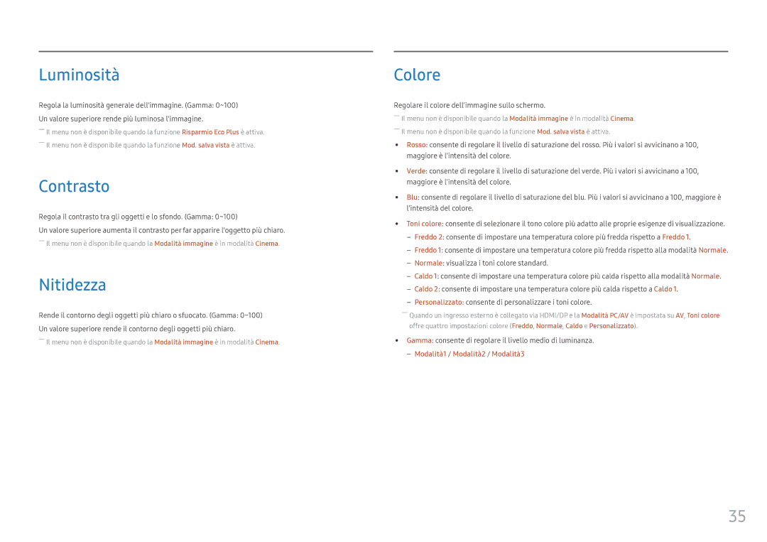Samsung LC27HG70QQUXEN, LC32HG70QQUXEN manual Luminosità, Contrasto, Nitidezza, Colore 