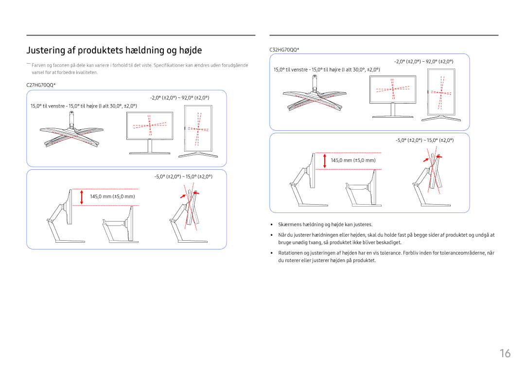 Samsung LC32HG70QQUXEN, LC27HG70QQUXEN manual Justering af produktets hældning og højde 