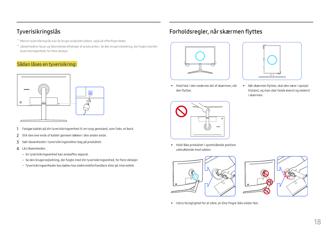 Samsung LC32HG70QQUXEN, LC27HG70QQUXEN manual Tyverisikringslås, Forholdsregler, når skærmen flyttes, Skærmen 