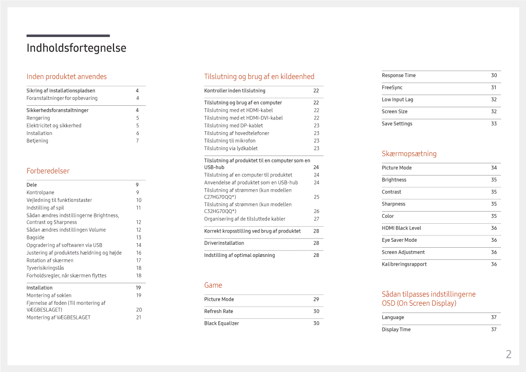 Samsung LC32HG70QQUXEN, LC27HG70QQUXEN manual Indholdsfortegnelse 