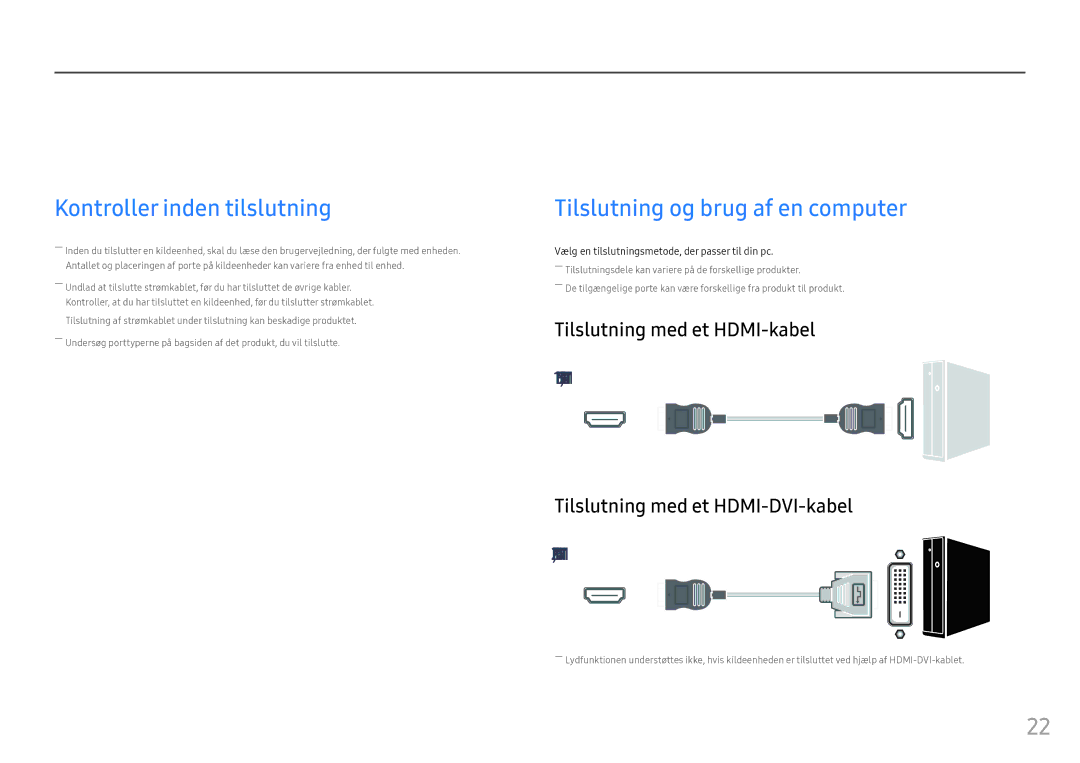 Samsung LC32HG70QQUXEN Tilslutning og brug af en kildeenhed, Kontroller inden tilslutning, Tilslutning med et HDMI-kabel 