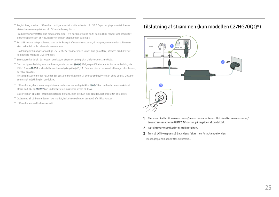 Samsung LC27HG70QQUXEN, LC32HG70QQUXEN manual Tilslutning af strømmen kun modellen C27HG70QQ 