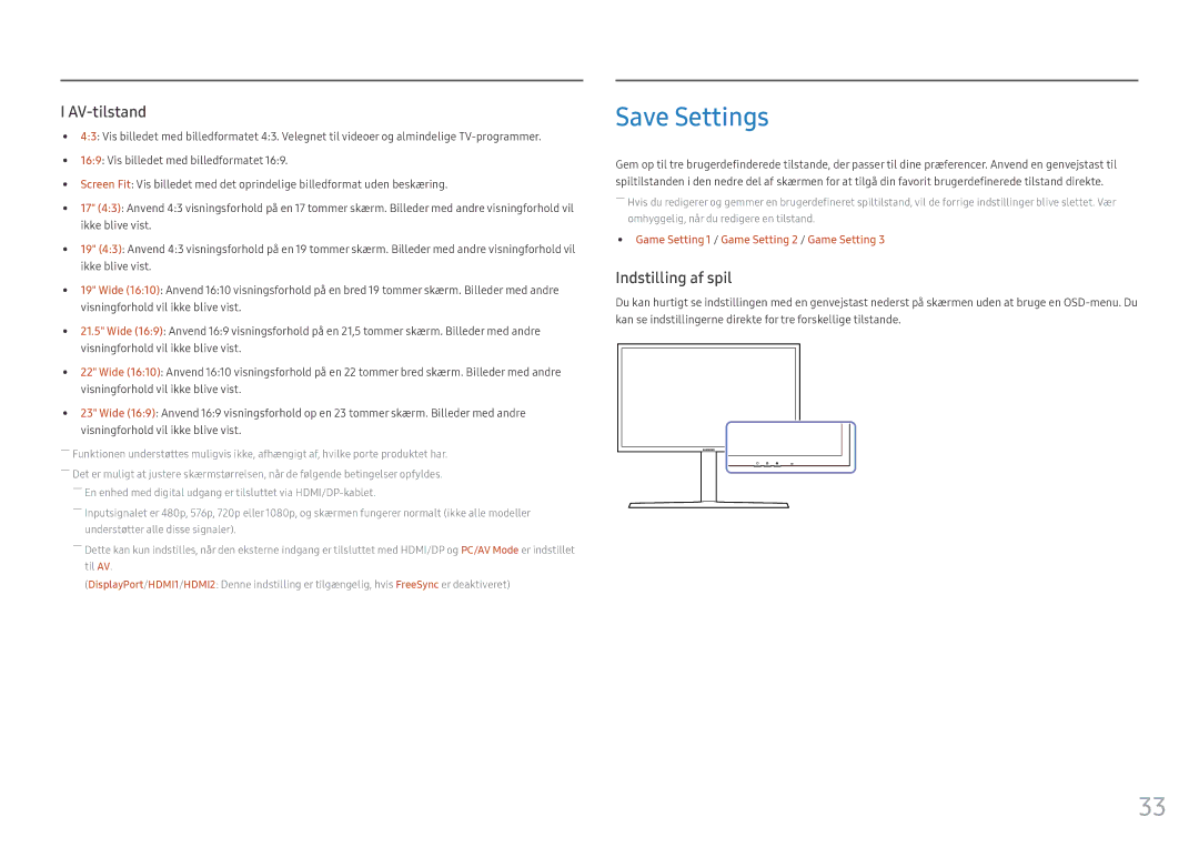 Samsung LC27HG70QQUXEN, LC32HG70QQUXEN manual Save Settings, Indstilling af spil 