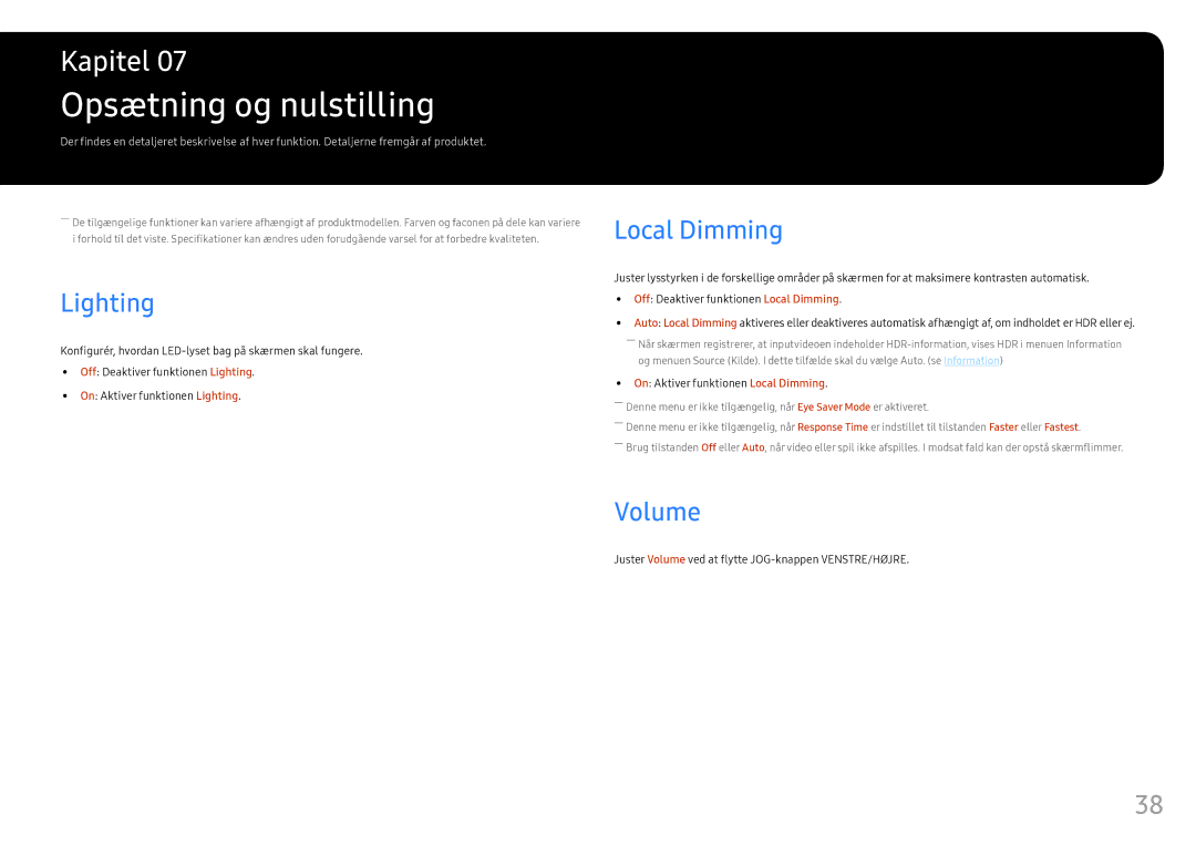 Samsung LC32HG70QQUXEN, LC27HG70QQUXEN manual Opsætning og nulstilling, Lighting, Local Dimming, Volume 