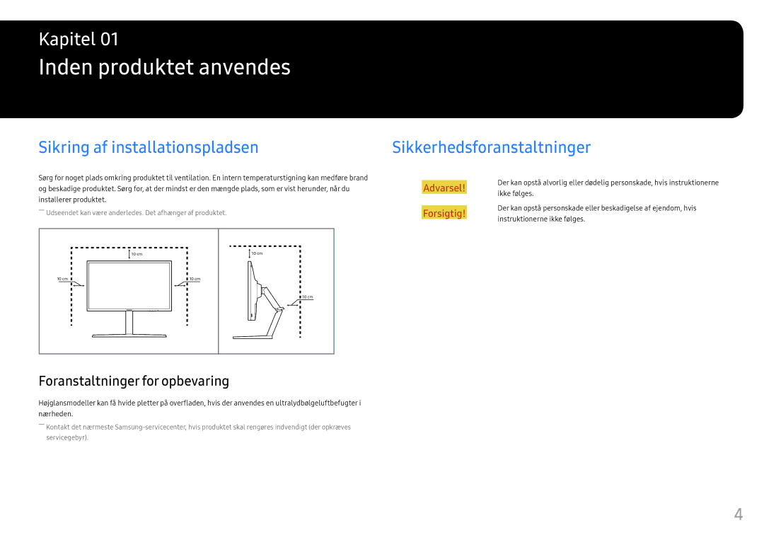 Samsung LC32HG70QQUXEN manual Inden produktet anvendes, Sikring af installationspladsen, Sikkerhedsforanstaltninger 