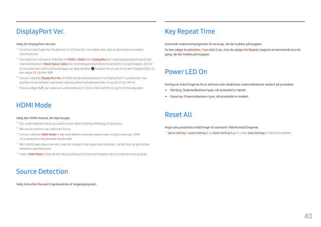 Samsung LC32HG70QQUXEN manual DisplayPort Ver, Hdmi Mode, Source Detection, Key Repeat Time, Power LED On, Reset All 