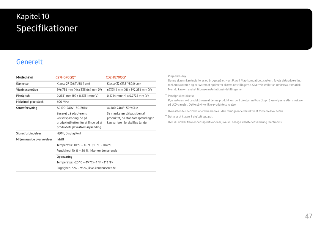 Samsung LC27HG70QQUXEN, LC32HG70QQUXEN manual Specifikationer, Generelt 