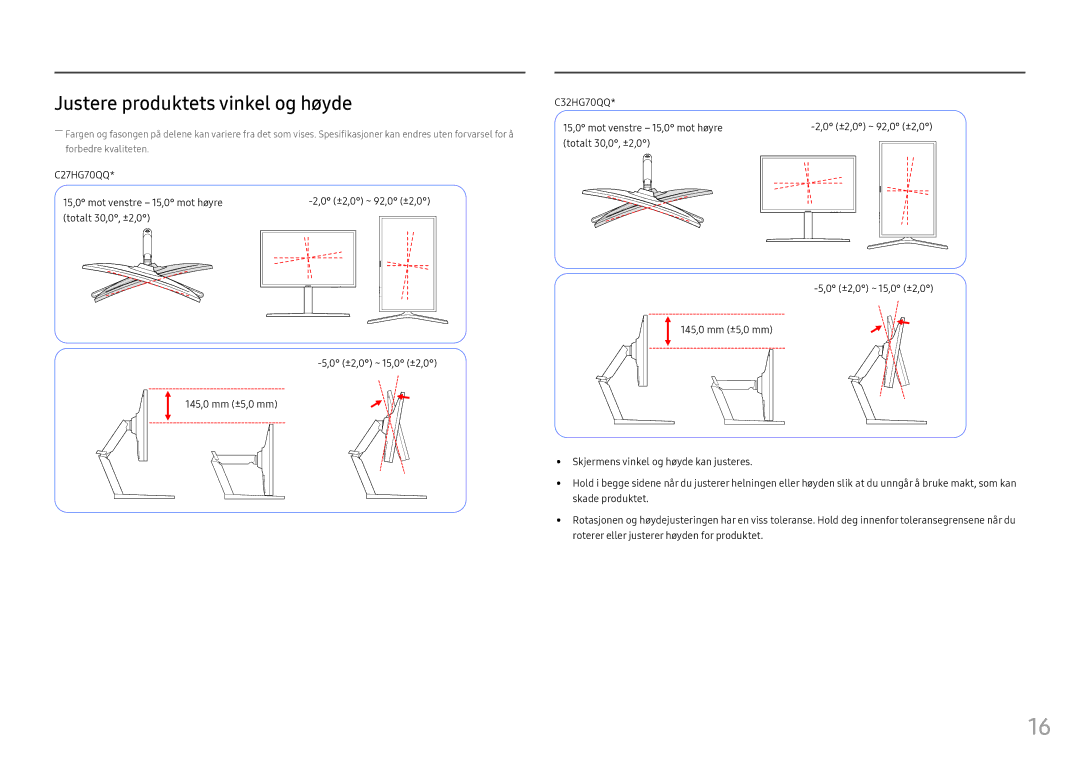 Samsung LC32HG70QQUXEN, LC27HG70QQUXEN manual Justere produktets vinkel og høyde 