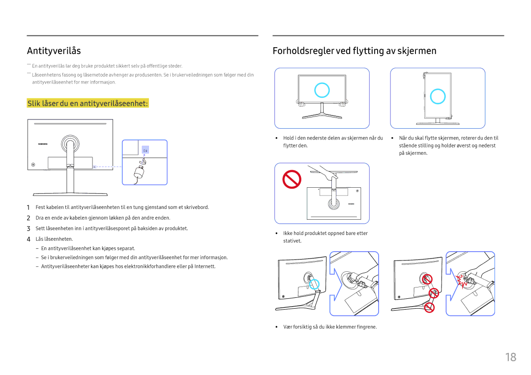 Samsung LC32HG70QQUXEN, LC27HG70QQUXEN manual Antityverilås, Forholdsregler ved flytting av skjermen 