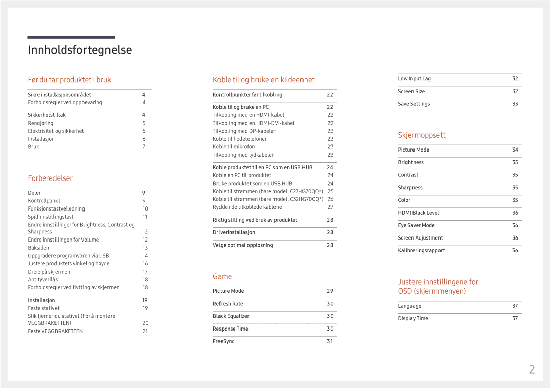 Samsung LC32HG70QQUXEN, LC27HG70QQUXEN manual Innholdsfortegnelse 