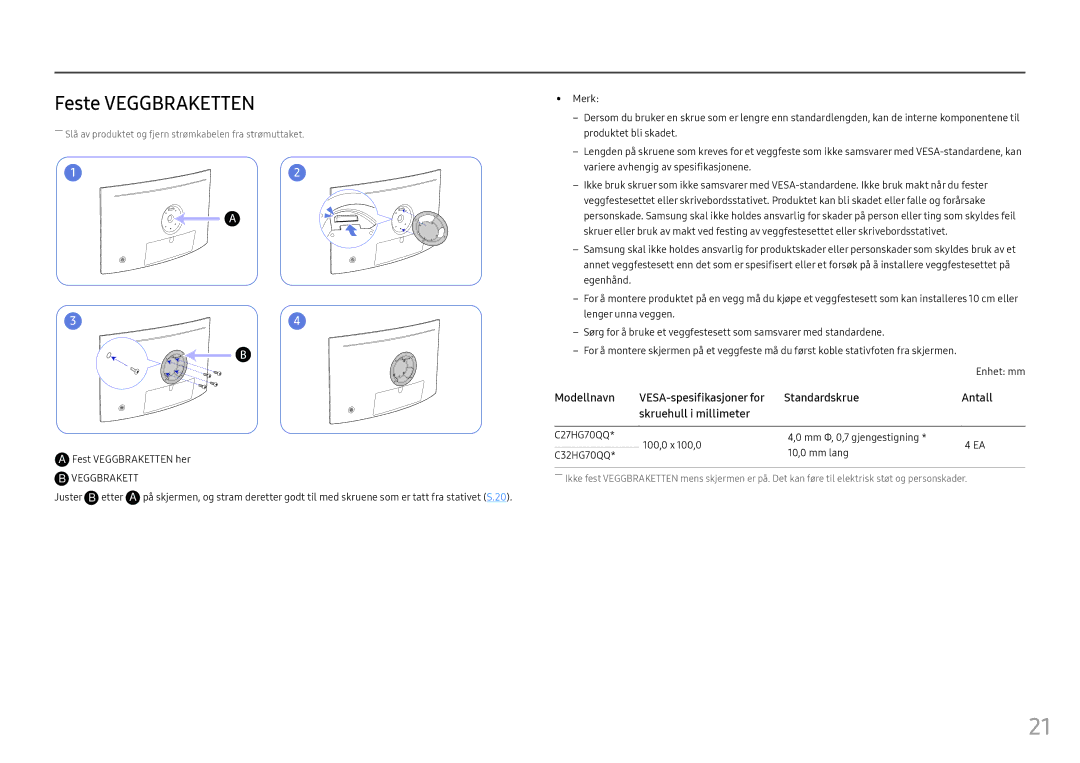 Samsung LC27HG70QQUXEN, LC32HG70QQUXEN manual Feste Veggbraketten, Juster B etter 