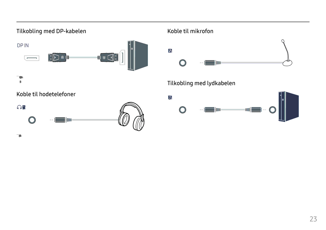 Samsung LC27HG70QQUXEN Tilkobling med DP-kabelen, Koble til hodetelefoner, Koble til mikrofon, Tilkobling med lydkabelen 
