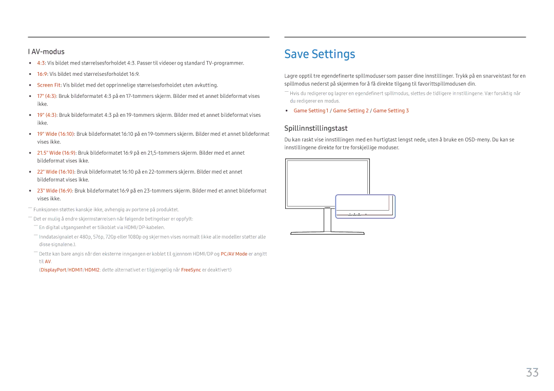 Samsung LC27HG70QQUXEN, LC32HG70QQUXEN manual Save Settings, Spillinnstillingstast 