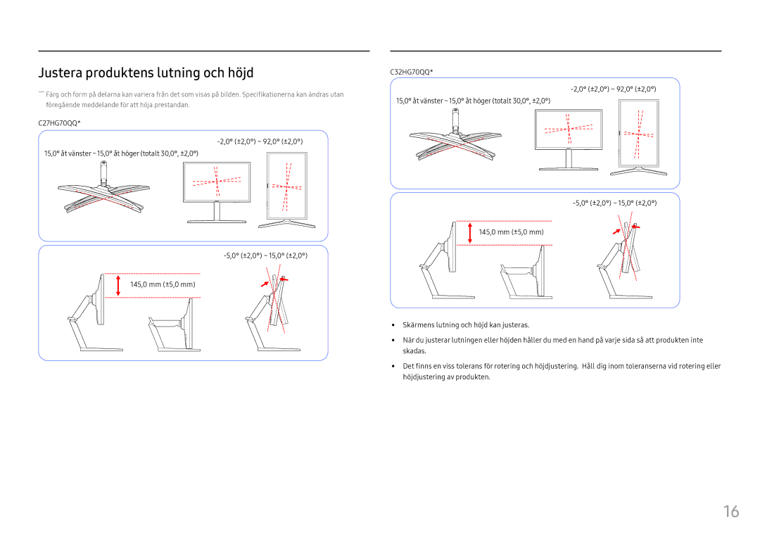 Samsung LC32HG70QQUXEN, LC27HG70QQUXEN manual Justera produktens lutning och höjd 