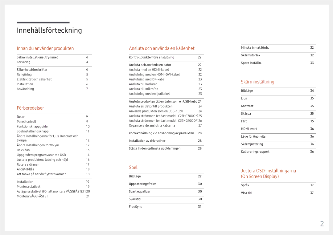 Samsung LC32HG70QQUXEN, LC27HG70QQUXEN manual Innehållsförteckning 