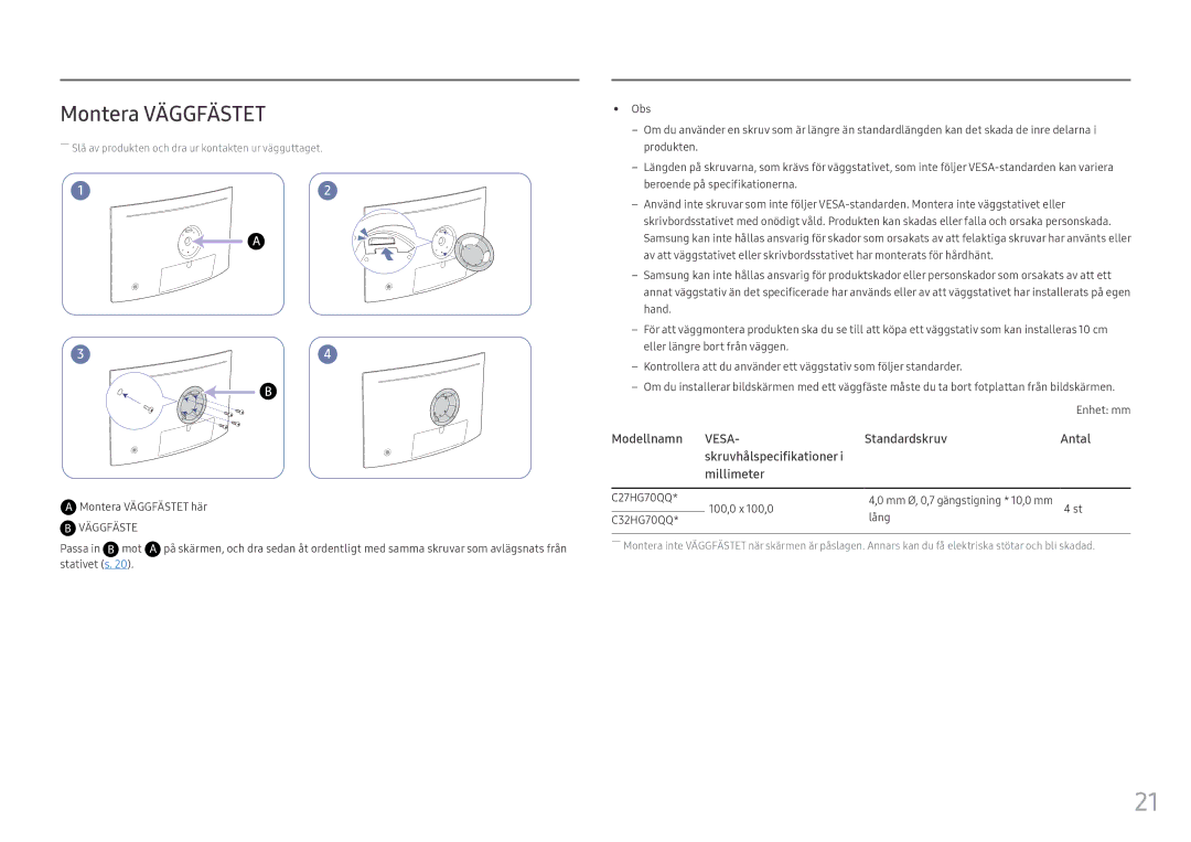 Samsung LC27HG70QQUXEN, LC32HG70QQUXEN manual Montera Väggfästet, Passa in B mot 