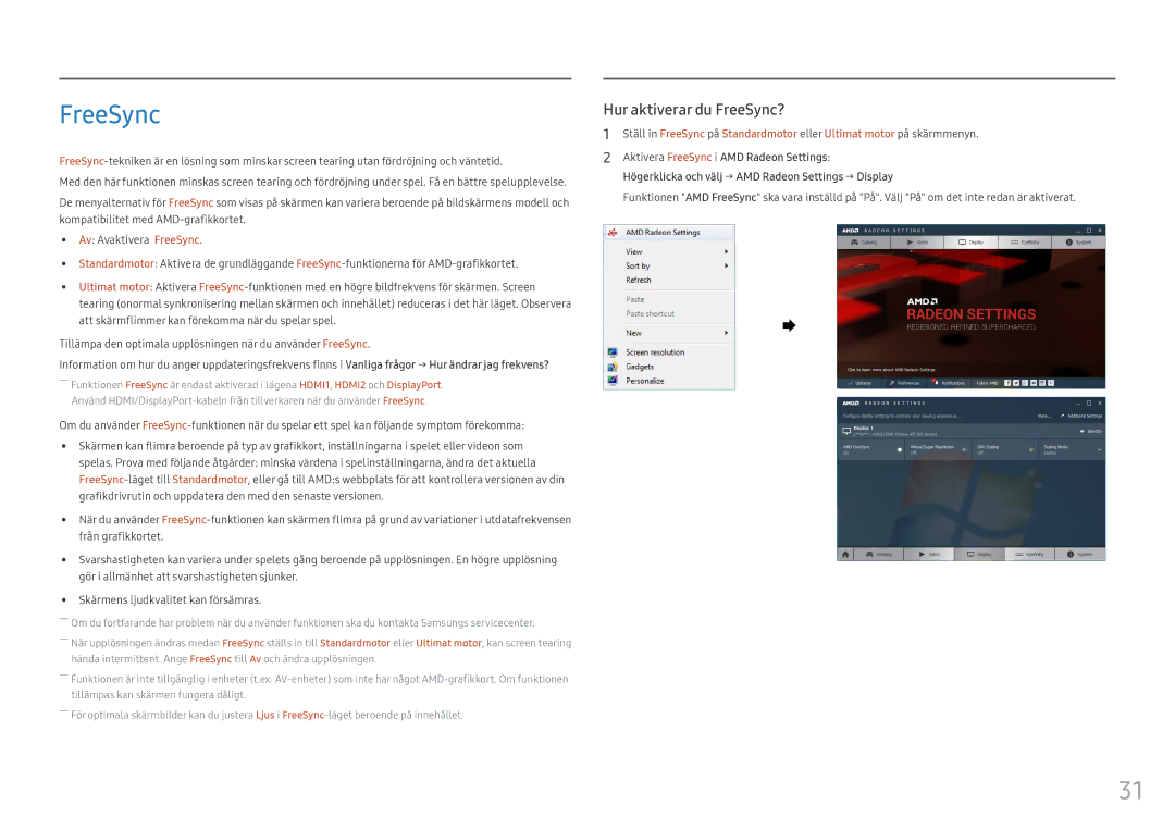 Samsung LC27HG70QQUXEN, LC32HG70QQUXEN manual Hur aktiverar du FreeSync? 