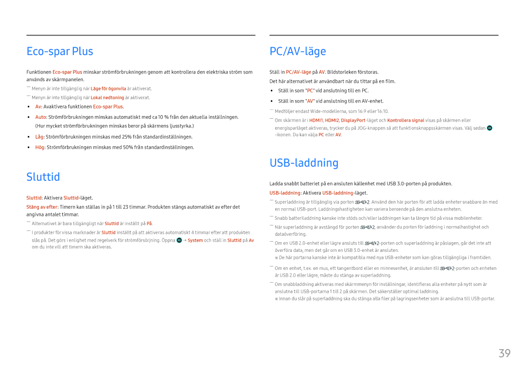 Samsung LC27HG70QQUXEN, LC32HG70QQUXEN manual Eco-spar Plus, Sluttid, PC/AV-läge, USB-laddning 