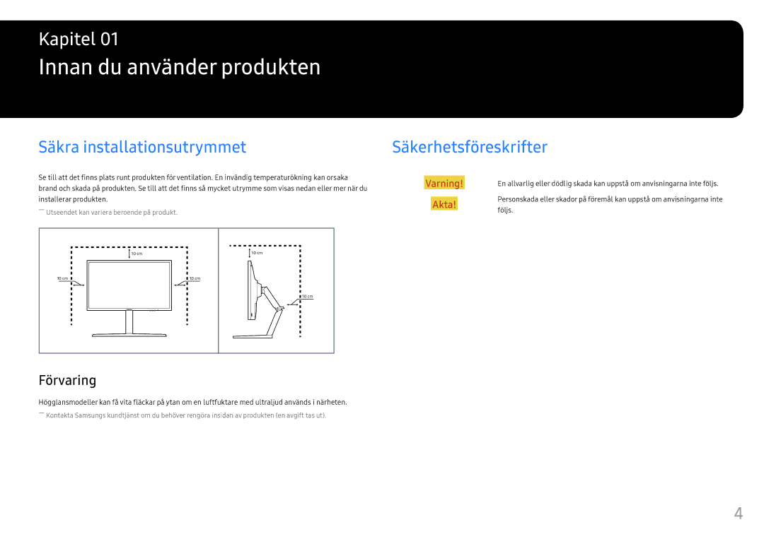 Samsung LC32HG70QQUXEN manual Innan du använder produkten, Säkra installationsutrymmet, Säkerhetsföreskrifter, Förvaring 