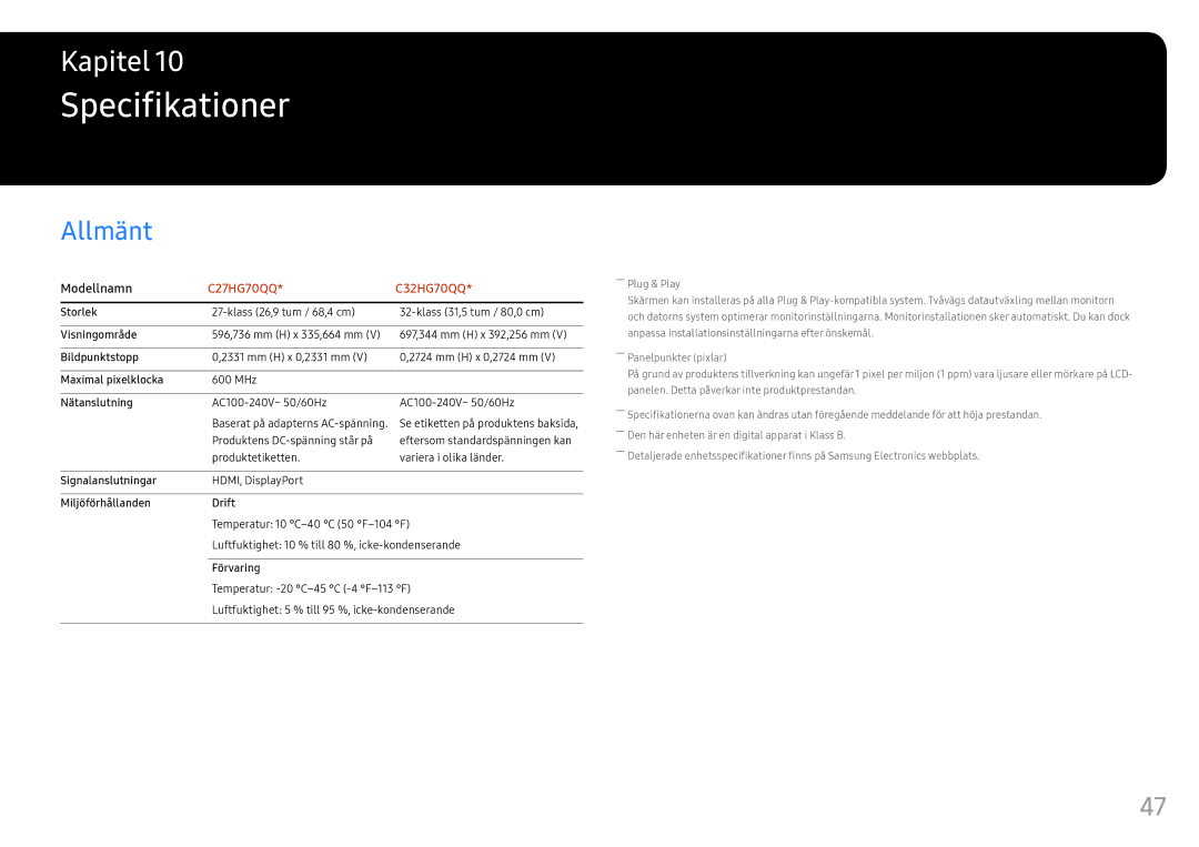 Samsung LC27HG70QQUXEN, LC32HG70QQUXEN manual Specifikationer, Allmänt 
