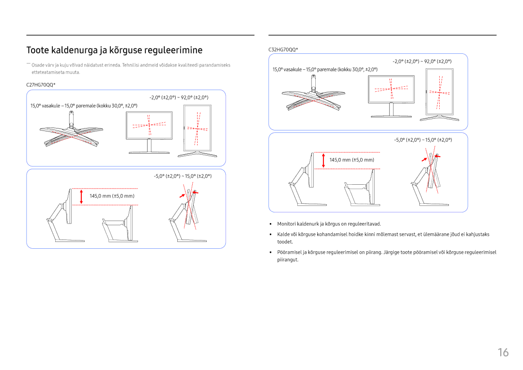 Samsung LC32HG70QQUXEN, LC27HG70QQUXEN manual Toote kaldenurga ja kõrguse reguleerimine 