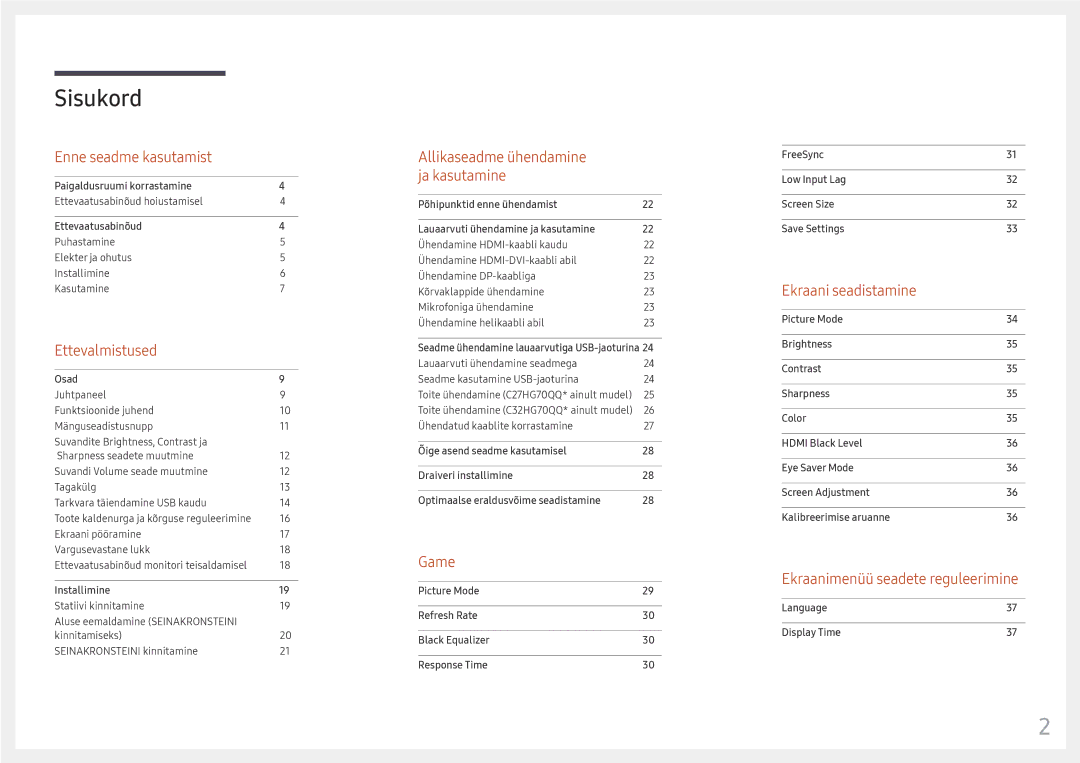 Samsung LC32HG70QQUXEN, LC27HG70QQUXEN manual Sisukord 