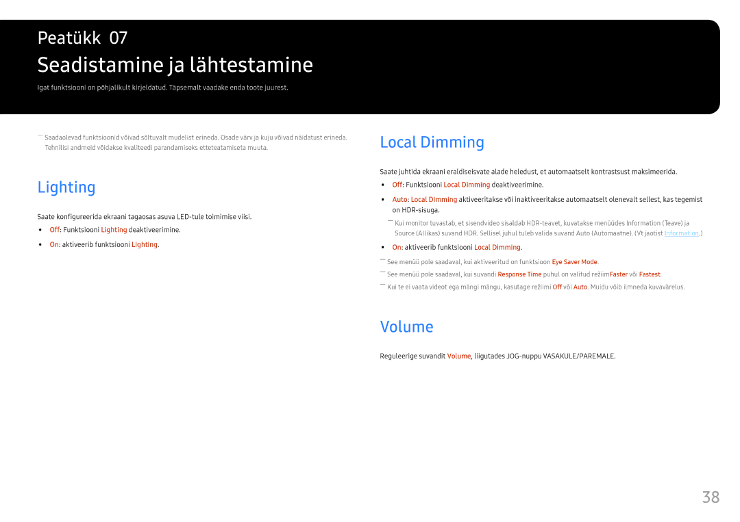 Samsung LC32HG70QQUXEN, LC27HG70QQUXEN manual Seadistamine ja lähtestamine, Lighting, Local Dimming, Volume 