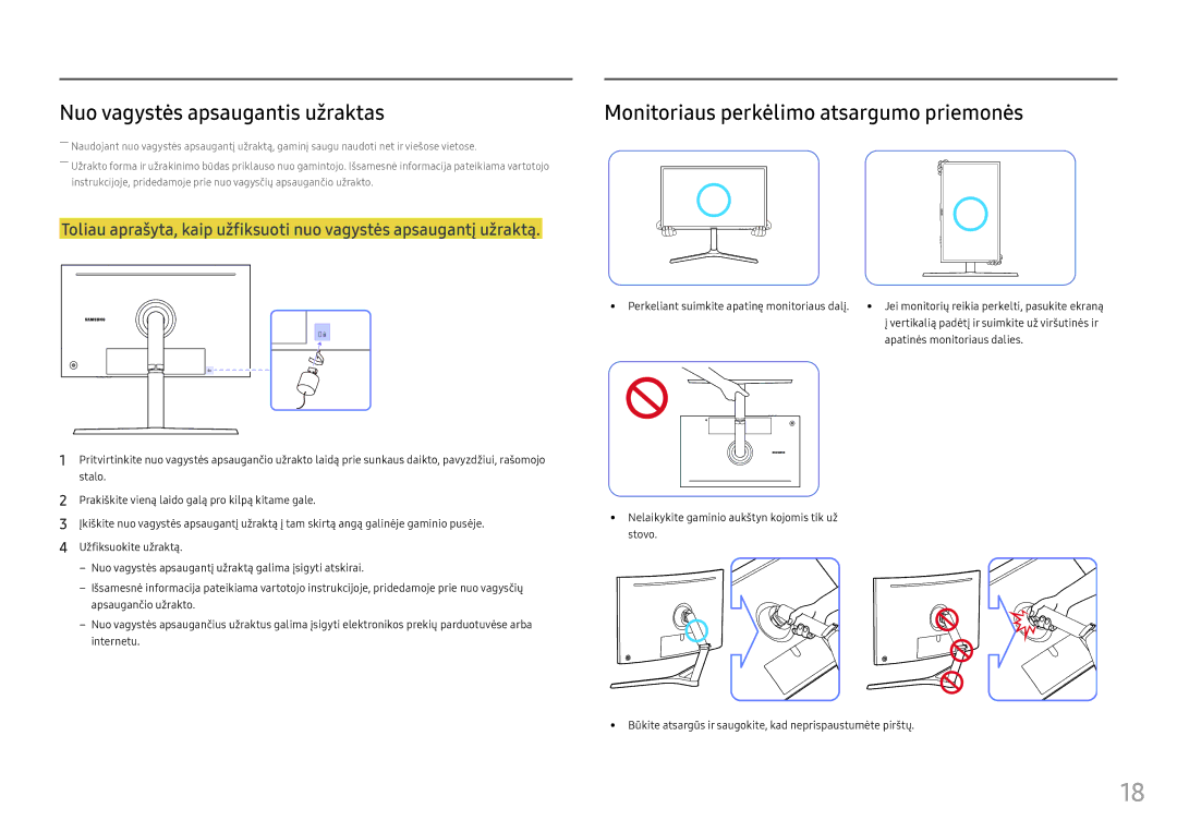 Samsung LC32HG70QQUXEN, LC27HG70QQUXEN manual Nuo vagystės apsaugantis užraktas, Monitoriaus perkėlimo atsargumo priemonės 