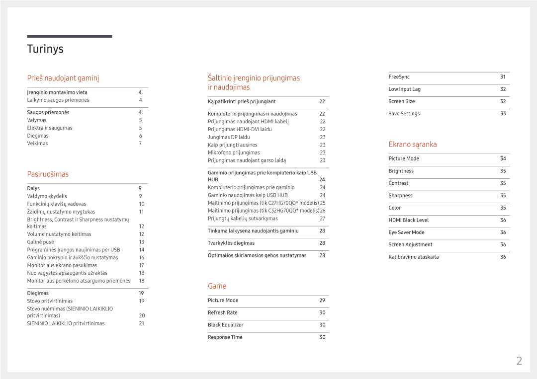 Samsung LC32HG70QQUXEN, LC27HG70QQUXEN manual Turinys 