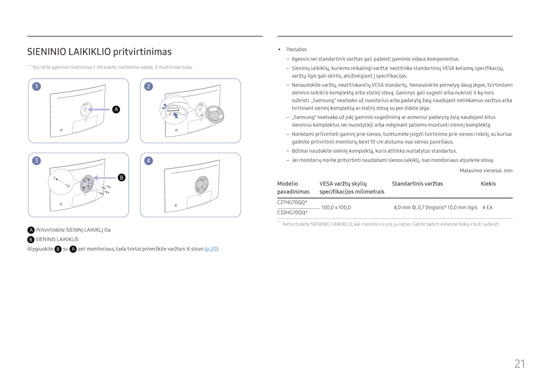 Samsung LC27HG70QQUXEN manual Sieninio Laikiklio pritvirtinimas, Pritvirtinkite Sieninį Laikiklį čia, Išlygiuokite B su 