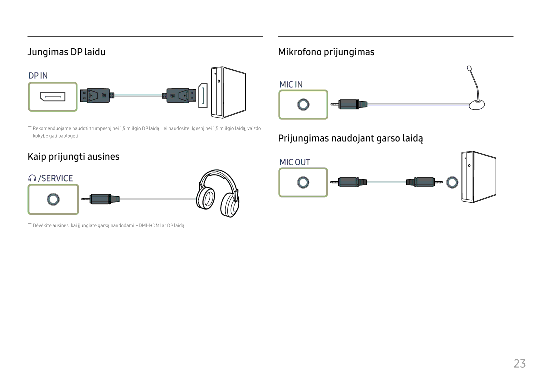Samsung LC27HG70QQUXEN Jungimas DP laidu, Kaip prijungti ausines, Mikrofono prijungimas, Prijungimas naudojant garso laidą 