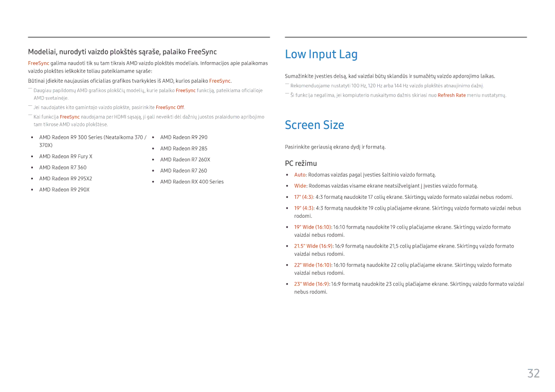 Samsung LC32HG70QQUXEN, LC27HG70QQUXEN manual Low Input Lag, Screen Size, Pasirinkite geriausią ekrano dydį ir formatą 
