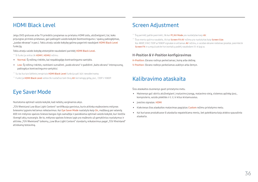 Samsung LC32HG70QQUXEN, LC27HG70QQUXEN manual Hdmi Black Level, Eye Saver Mode, Screen Adjustment, Kalibravimo ataskaita 