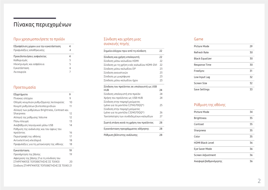 Samsung LC32HG70QQUXEN, LC27HG70QQUXEN manual Πίνακας περιεχομένων 